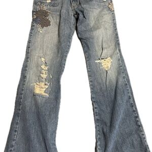 Women's Blue Distressed Jeans with Floral Embroidery
